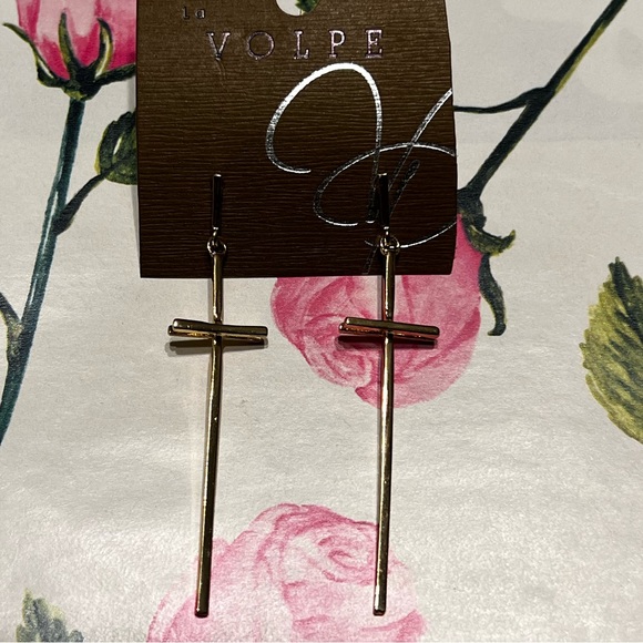 New La Volpe 2.5” Gold Tone Dangling Cross Shape Earrings - Picture 10 of 10